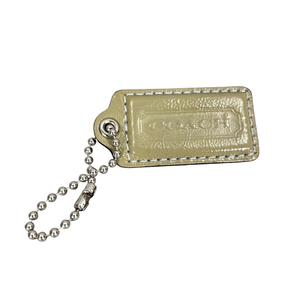 Coach Patent Leather Hang Tag Bag Charm Keychain Beige Silver Ball Chain